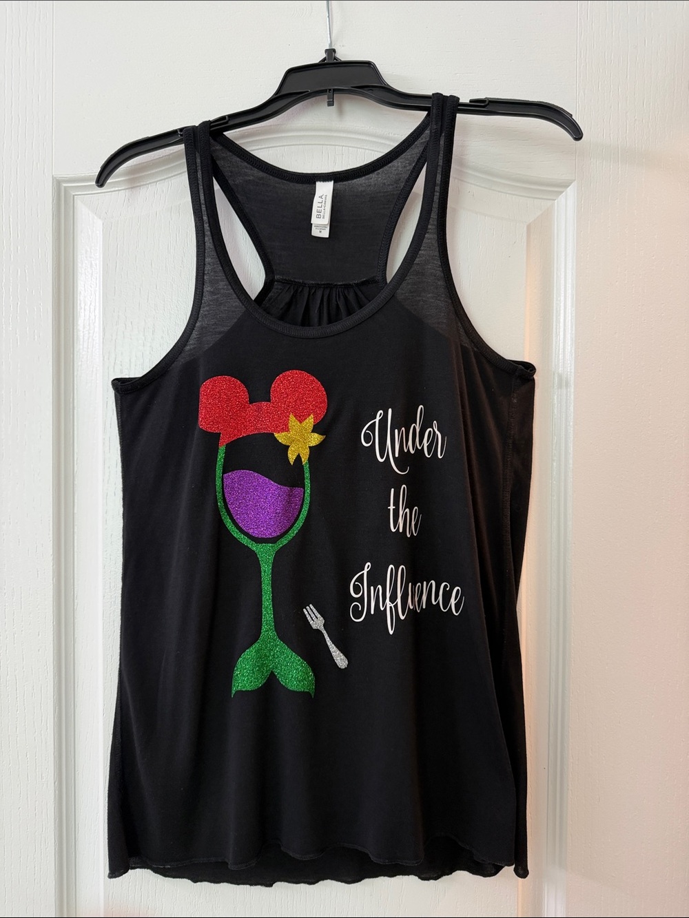Disney Black Graphic Racerback Tank Top with Colorful Wine Glass Design